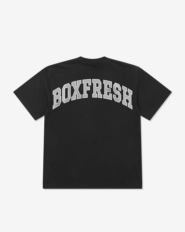 Black t-shirt with 'BOXFRESH' printed on the back against a white background
