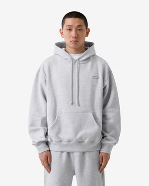 Person wearing a gray hoodie and pants on a white background