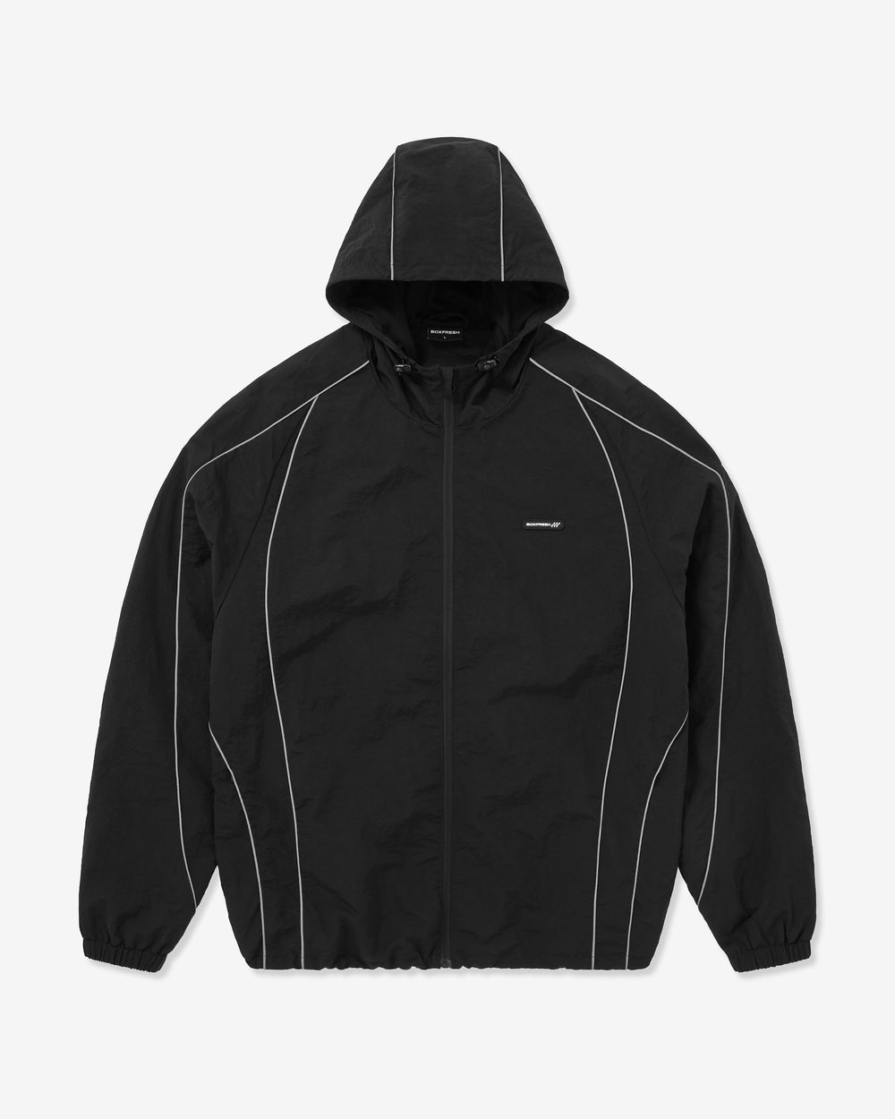 Black jacket with white accents on a light gray background
