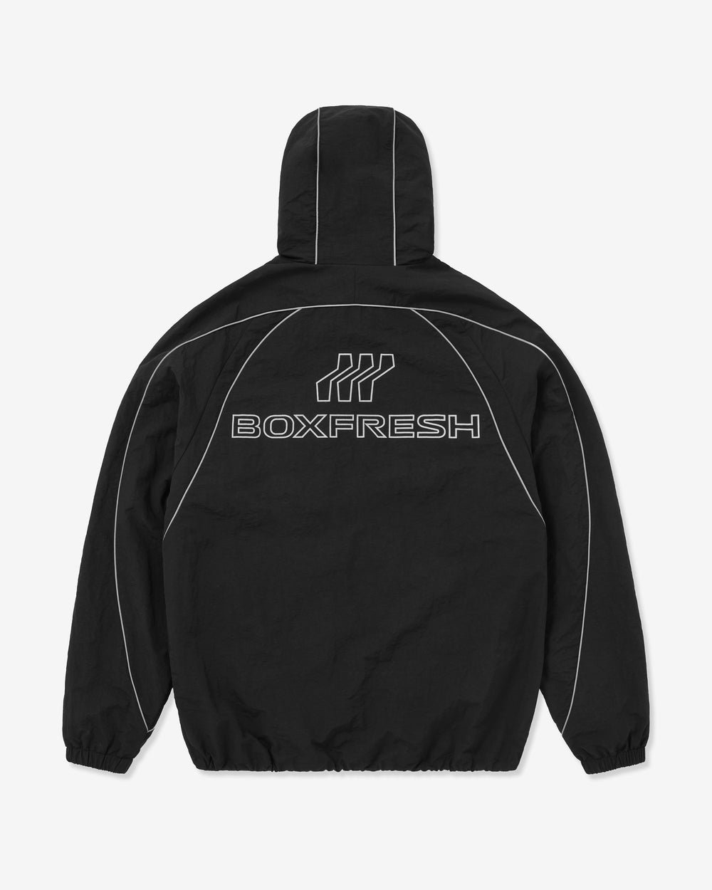 Black jacket with white accents on a light gray background