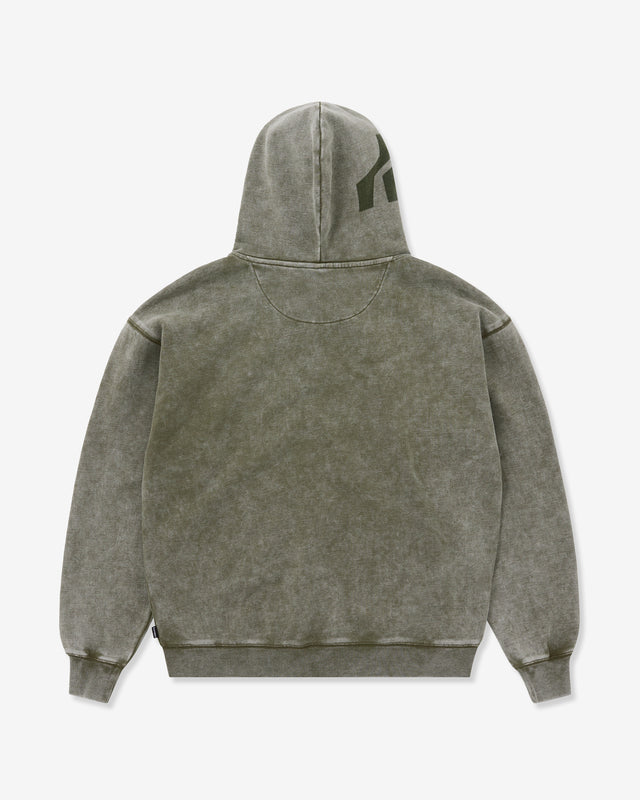 Gray hoodie with a logo on the back against a white background