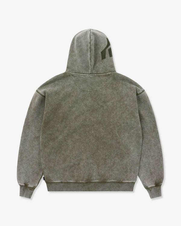 Gray hoodie with a logo on the back against a white background