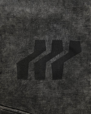 Dark gray hoodie with a black geometric logo on the chest.