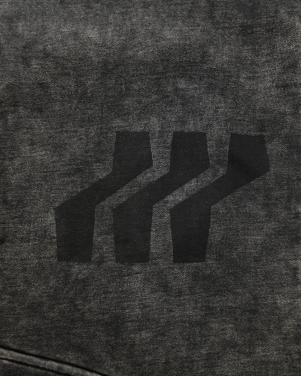 Dark gray hoodie with a black geometric logo on the chest.