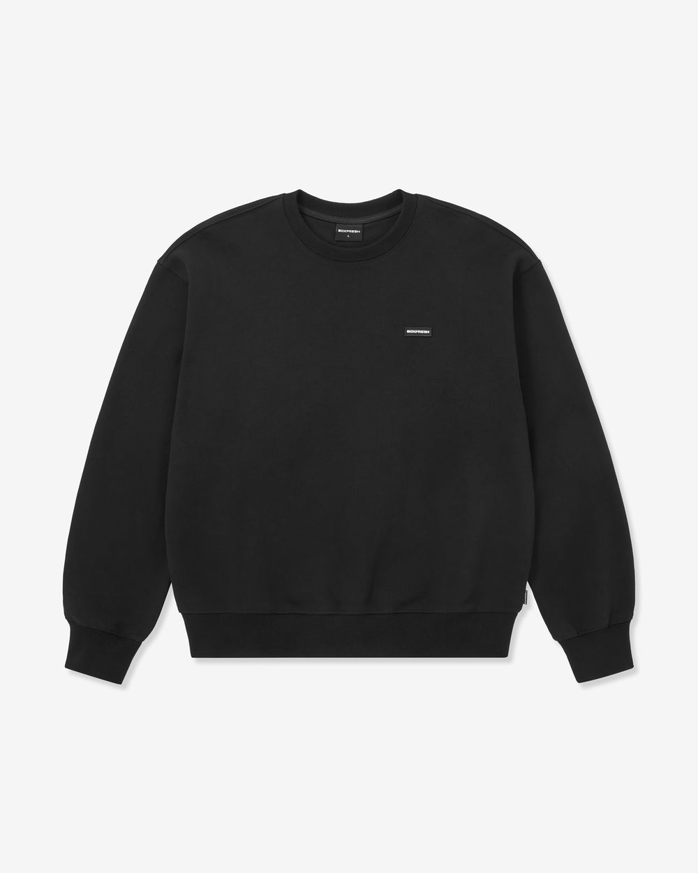Black sweatshirt with a small white logo on a light gray background