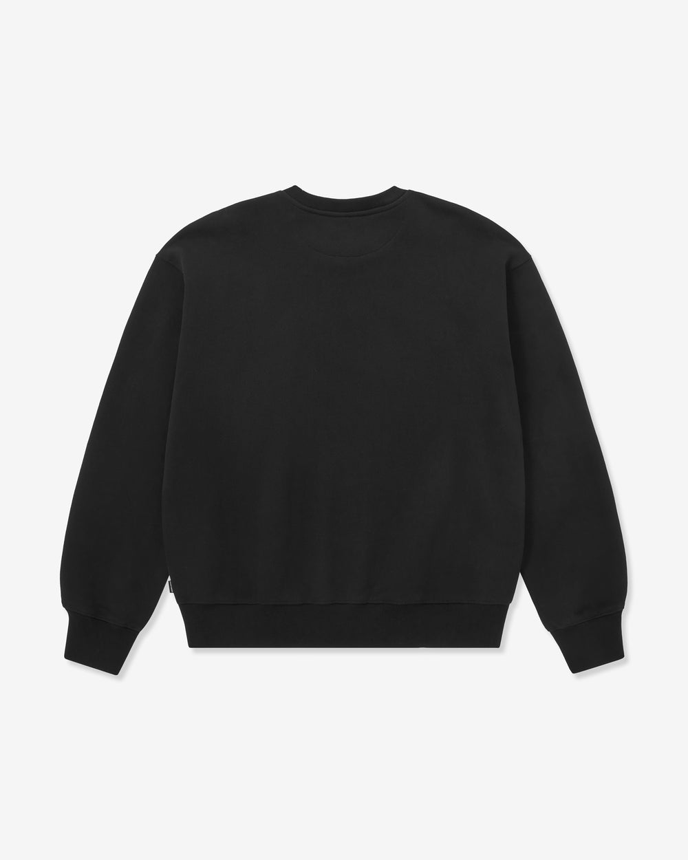 Black sweatshirt with a small white logo on a light gray background