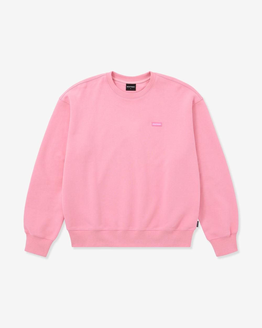 Pink sweatshirt with a small logo on a light gray background