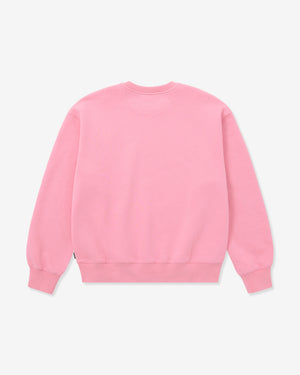 Rückansicht eines rosa Sweatshirts auf weißem Hintergrund. 