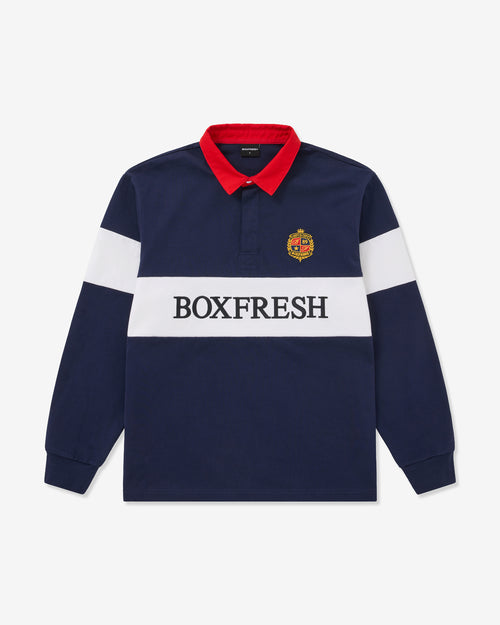 Marineblaues Langarm-Poloshirt mit rotem Kragen und „BOXFRESH“-Logo auf weißem Hintergrund