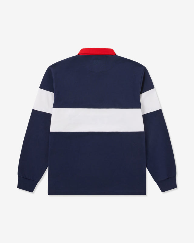 Navy and white striped shirt with red collar on a white background