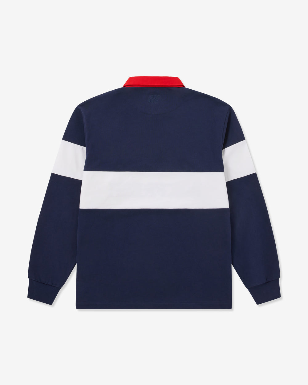 Navy long-sleeve polo shirt with red collar and 'BOXFRESH' branding on a white background