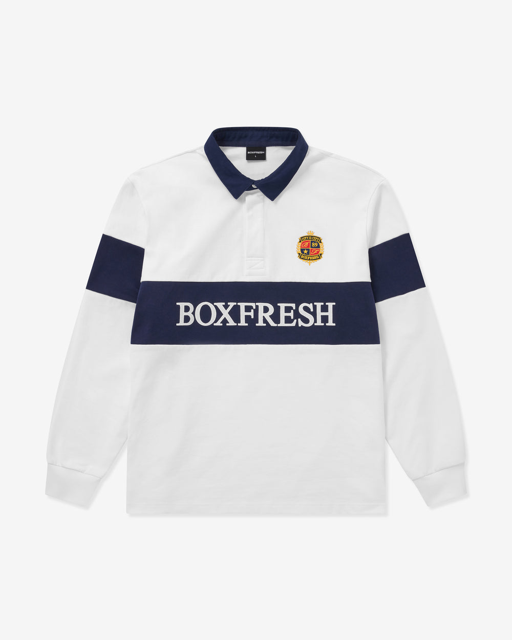 White and navy polo shirt with 'BOXFRESH' branding on a white background