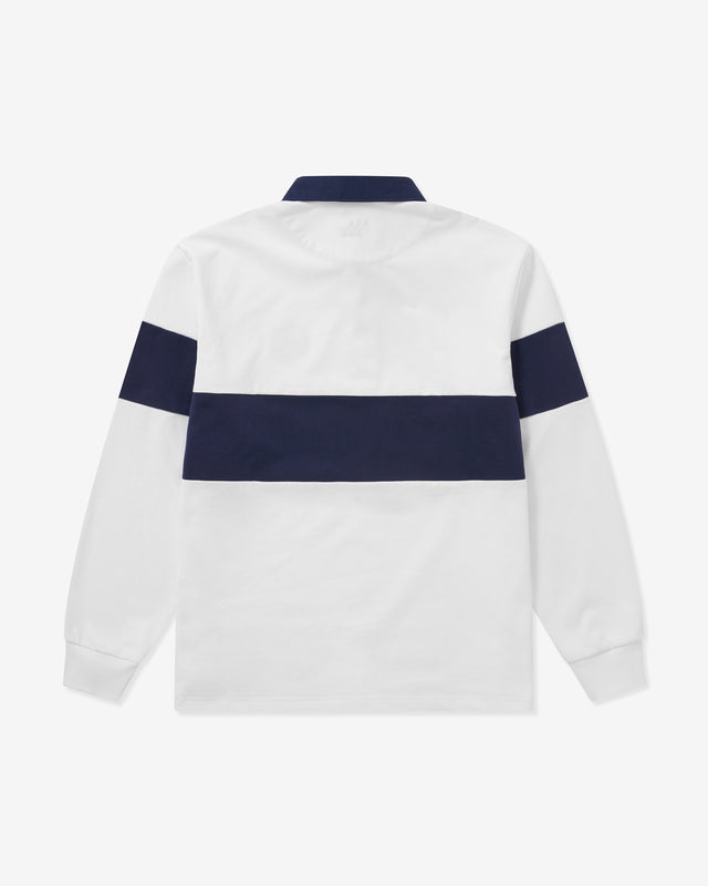 White sweatshirt with navy stripes on a white background