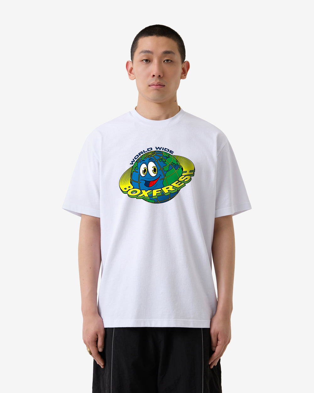 White t-shirt with a colorful graphic of the Earth and 'Box Fresh' text on a white background