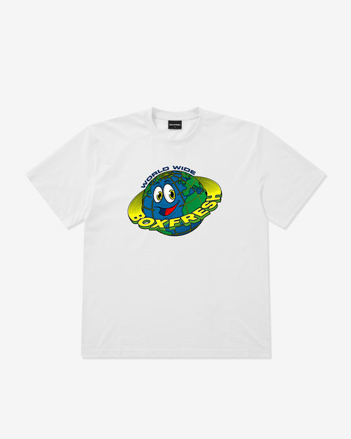 White t-shirt with a colorful graphic of the Earth and 'Box Fresh' text on a white background