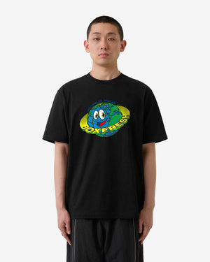 Person wearing a black t-shirt with a colorful graphic design on a white background
