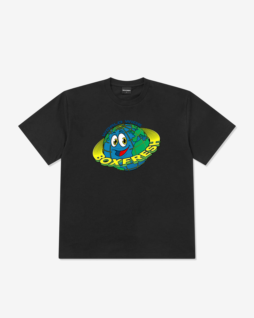 Black t-shirt with a colorful graphic of a planet and 'Boxfresh' text on a white background