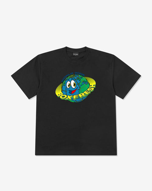 Black t-shirt with a colorful graphic of a planet and 'Boxfresh' text on a white background