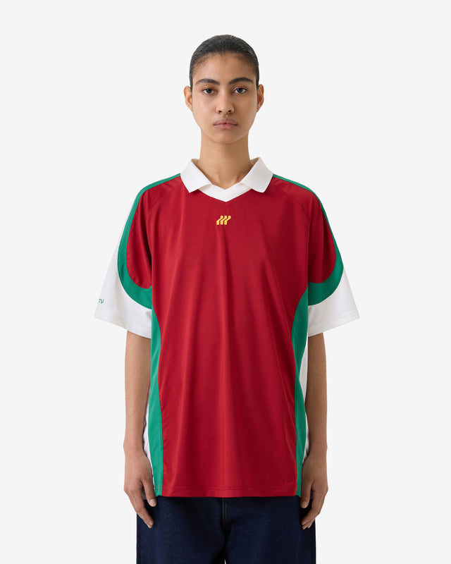Person wearing a red sports jersey with green accents on a white background