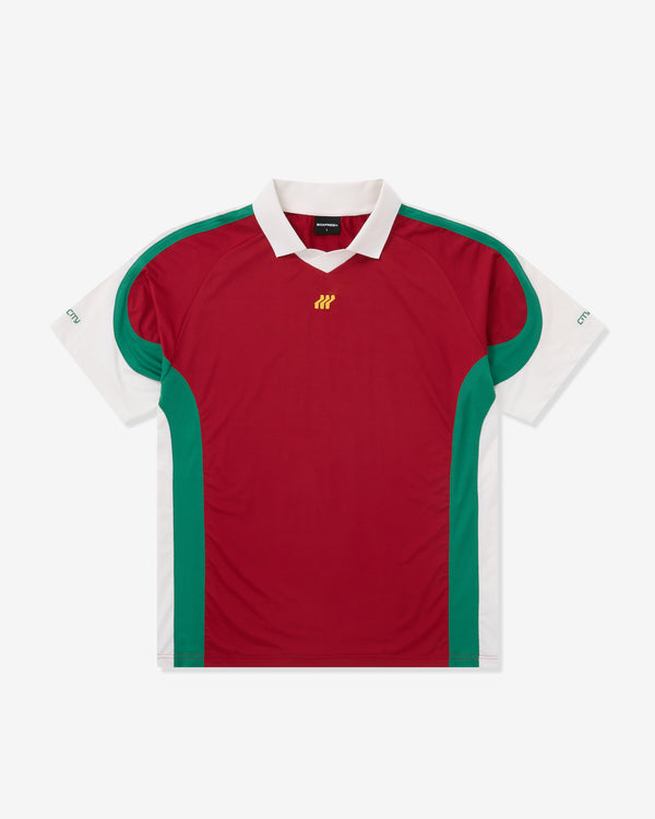 Red sports jersey with green accents on a white background
