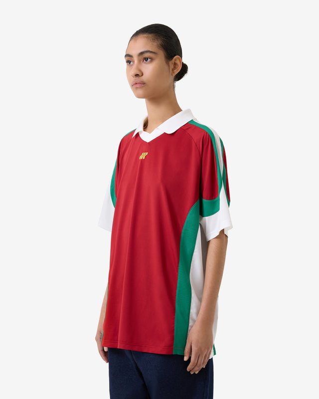 Person wearing a red, green, and white sports jersey on a white background