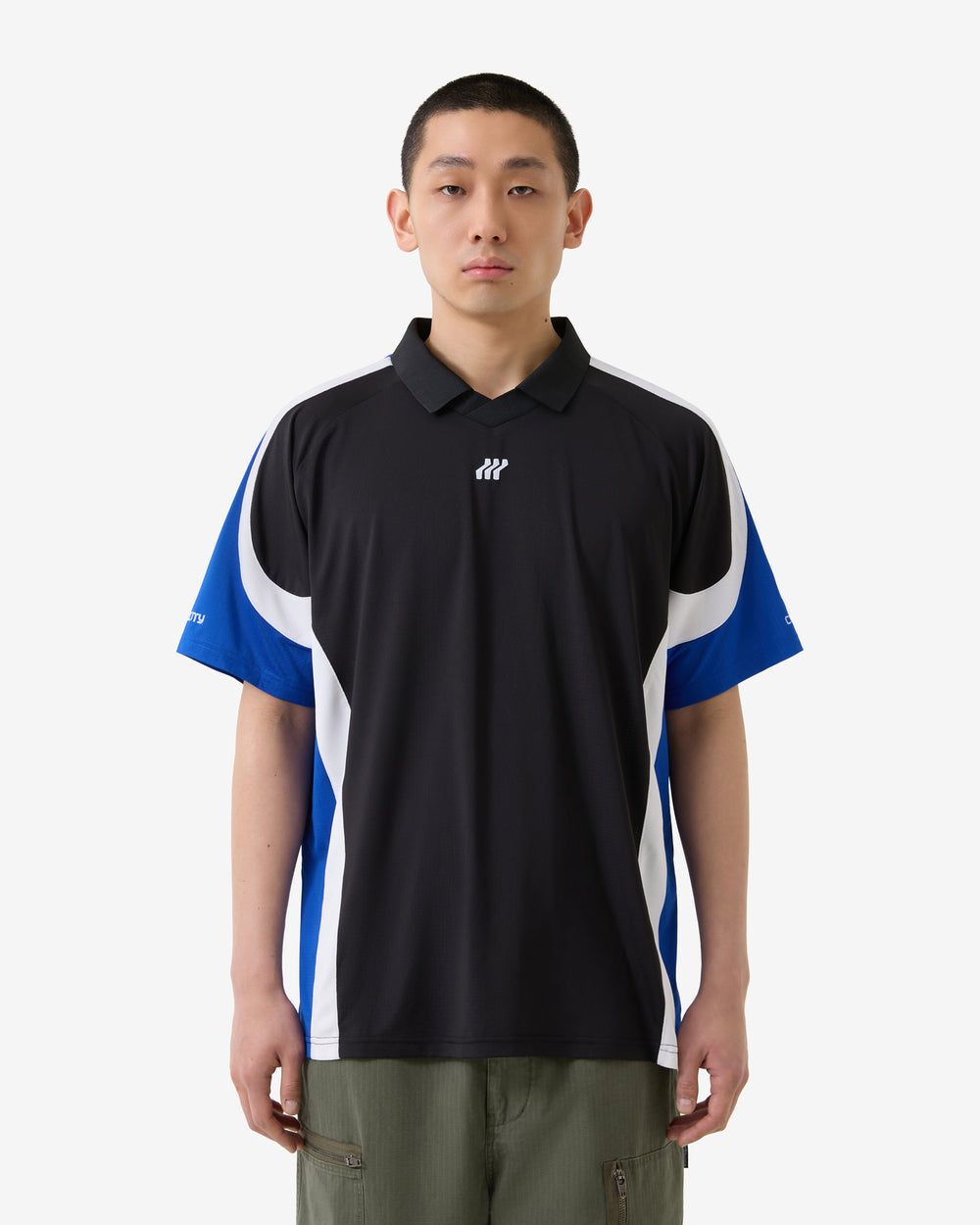 Black polo shirt with blue and white accents on a white background