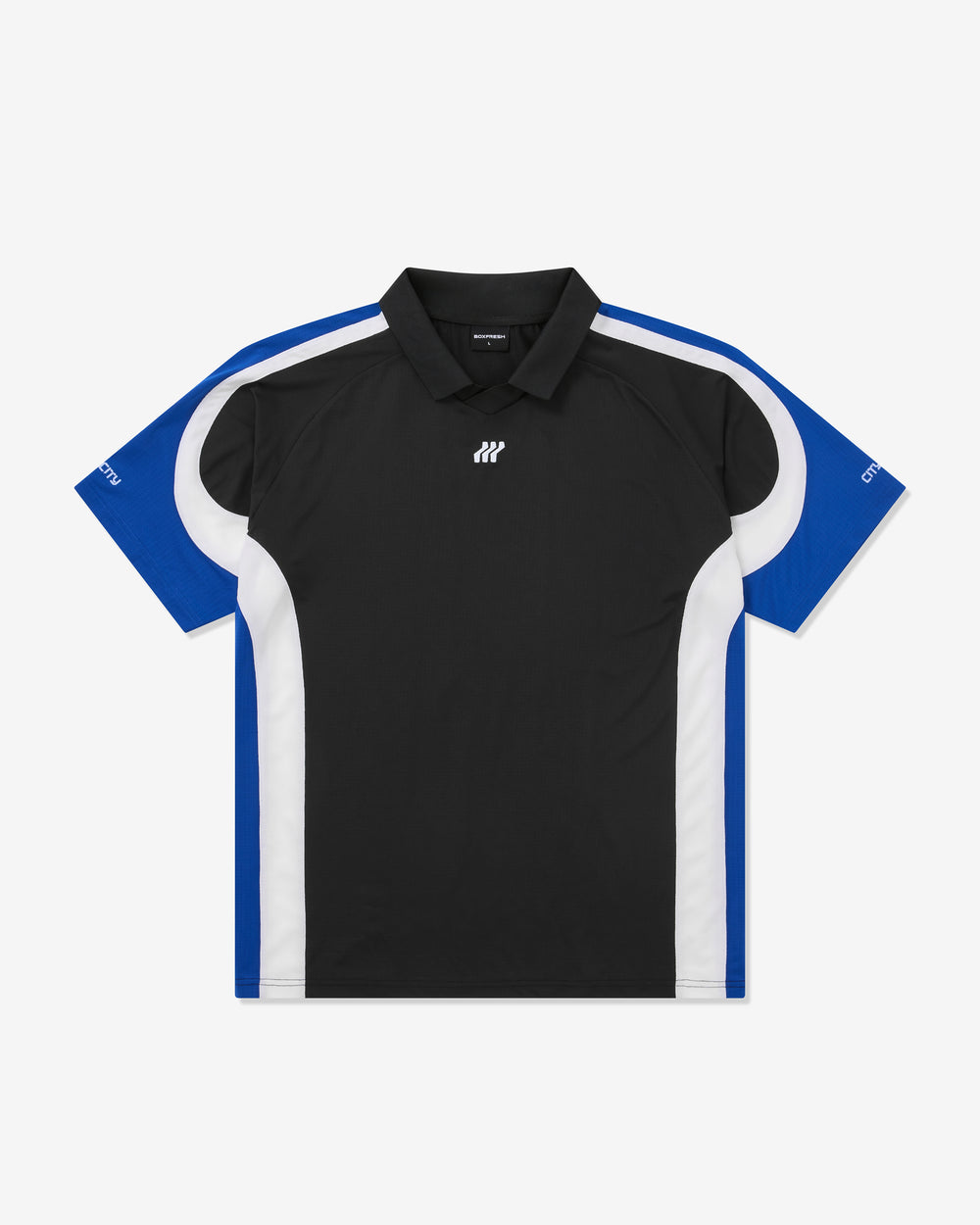 Black polo shirt with blue and white accents on a white background