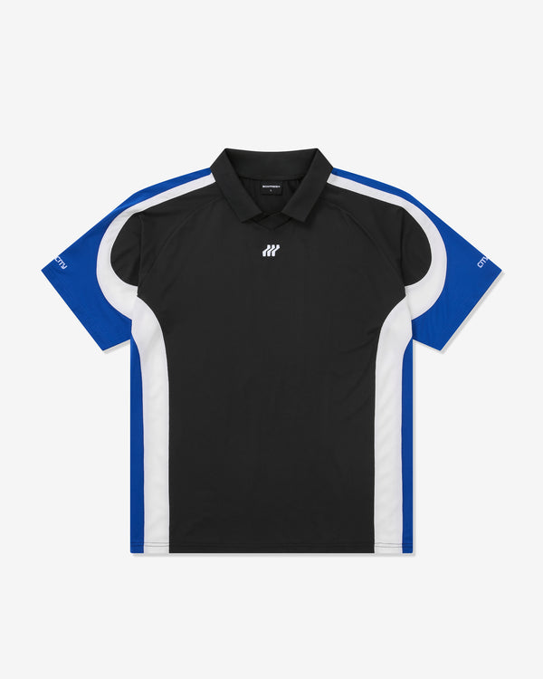 Black polo shirt with blue and white accents on a white background