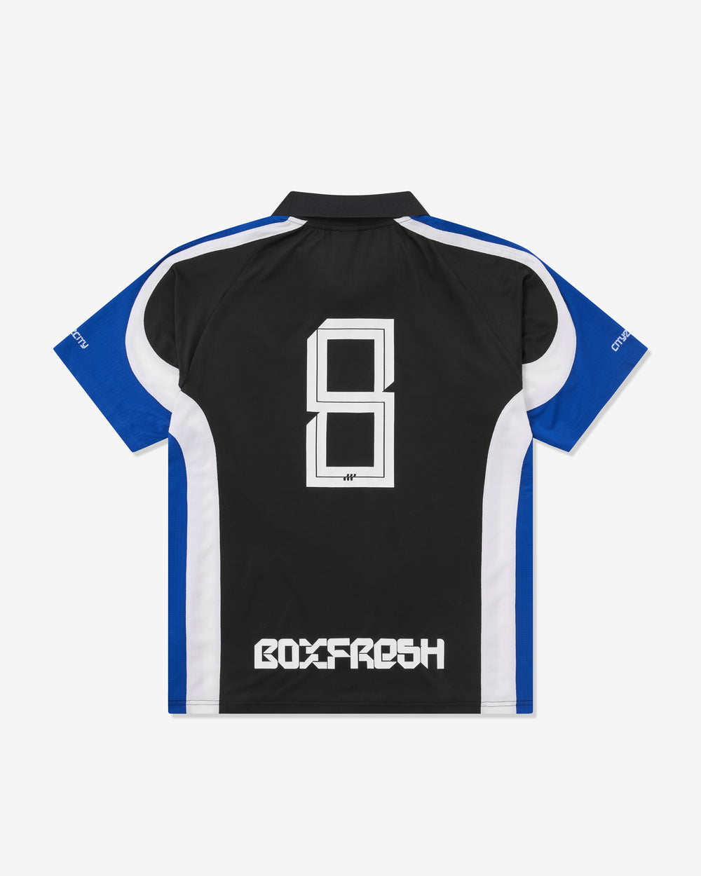Black polo shirt with blue and white accents on a white background