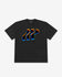 Black t-shirt with colorful logo on a white background