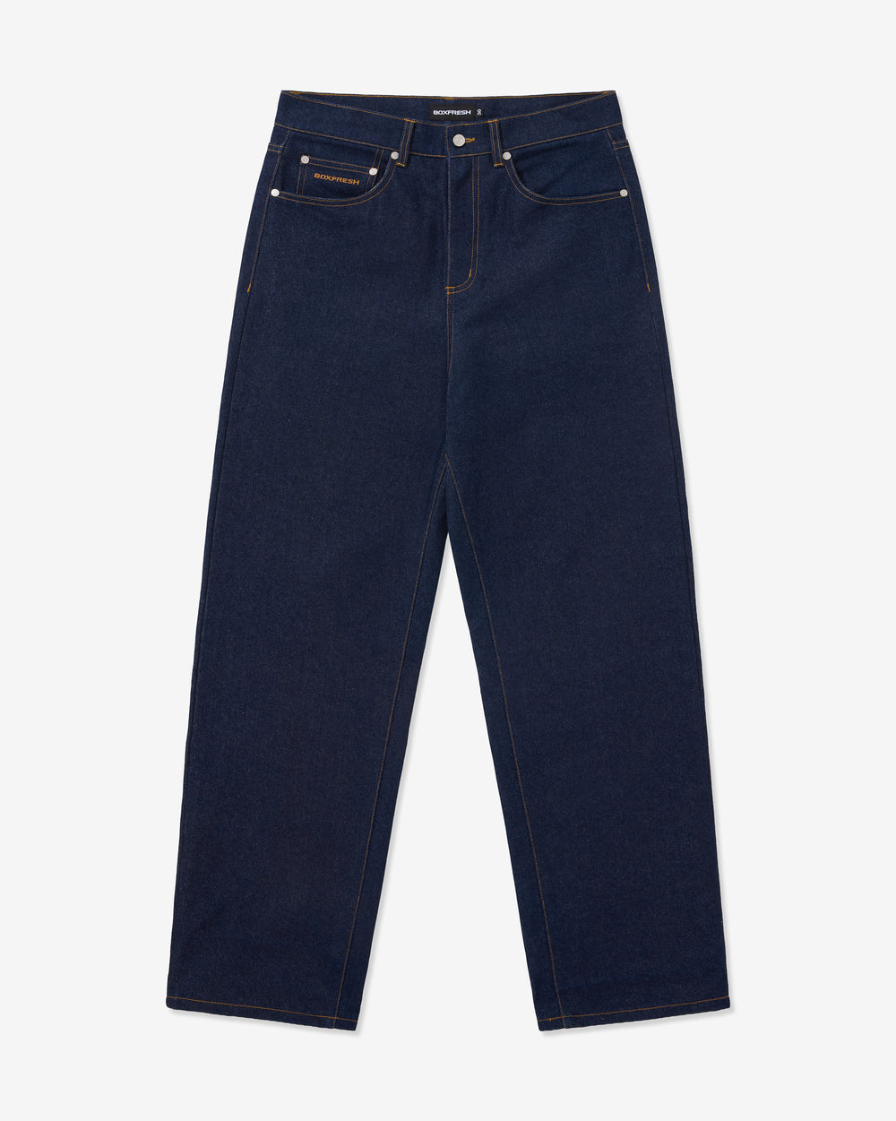 Navy blue jeans with a white logo on the back pocket against a white background