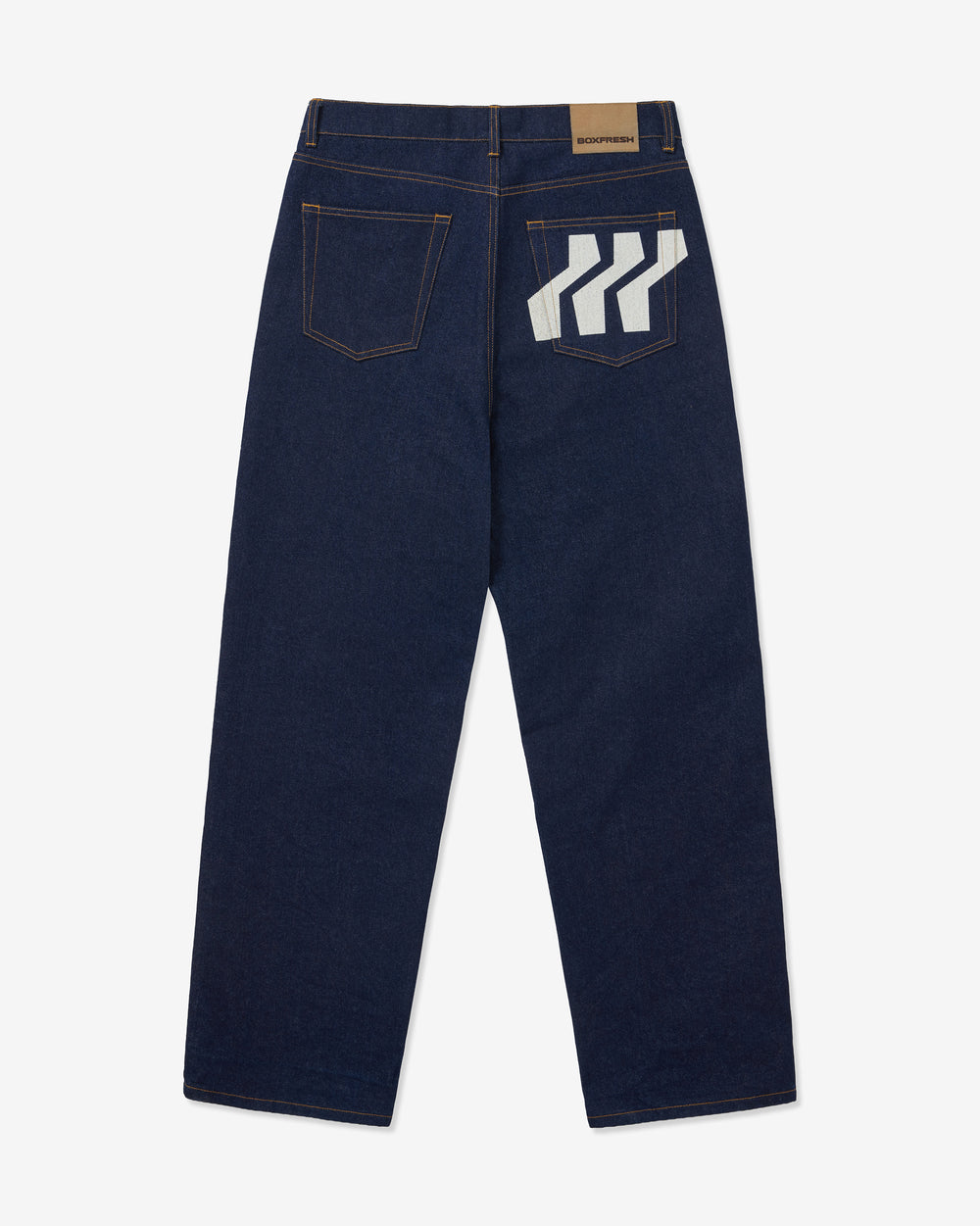 Navy blue jeans with a white logo on the back pocket against a white background