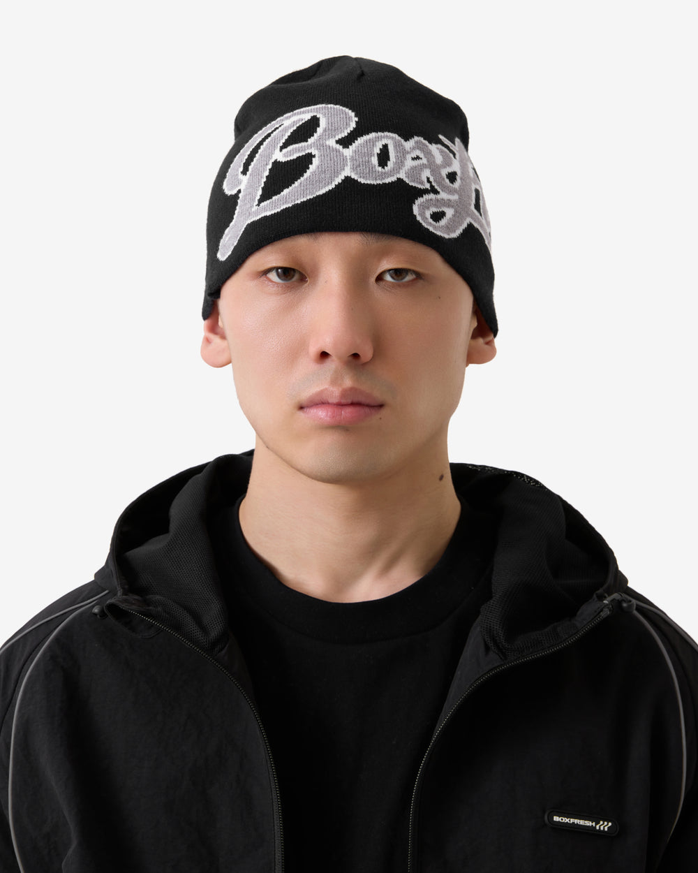 Black beanie with 'Boxfre' text on a white background