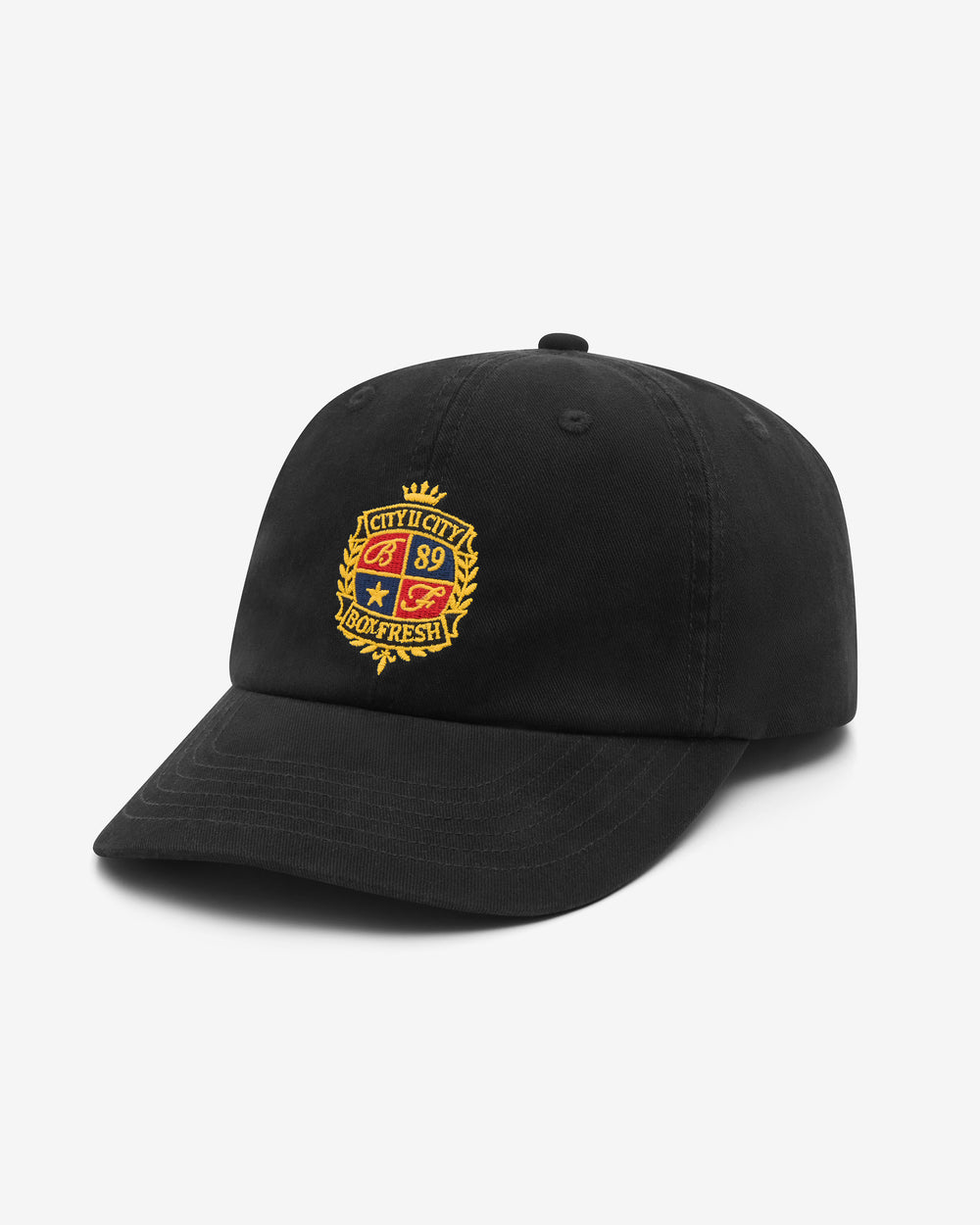 Black cap with a yellow and red logo on a white background