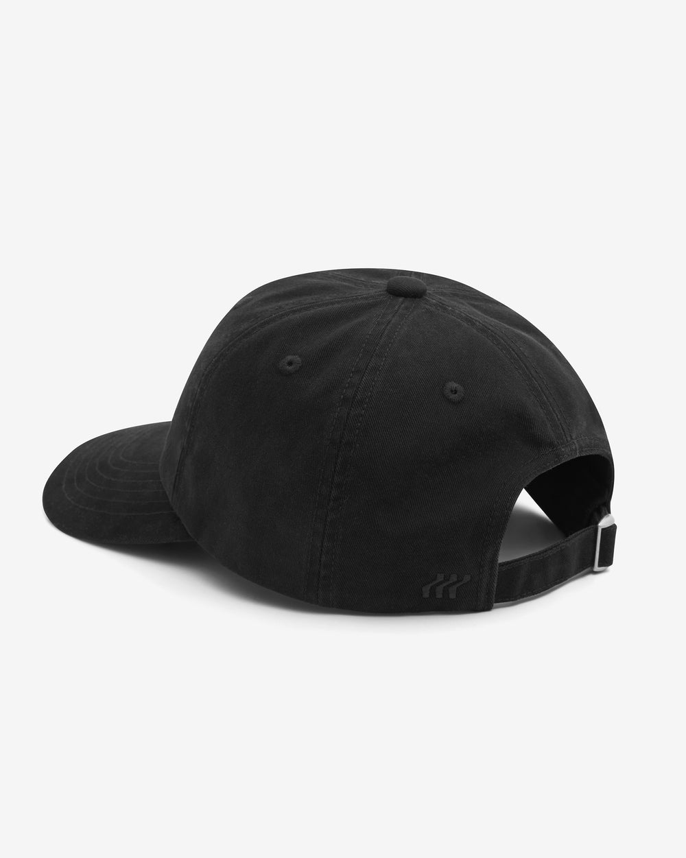 Black cap with a yellow and red logo on a white background