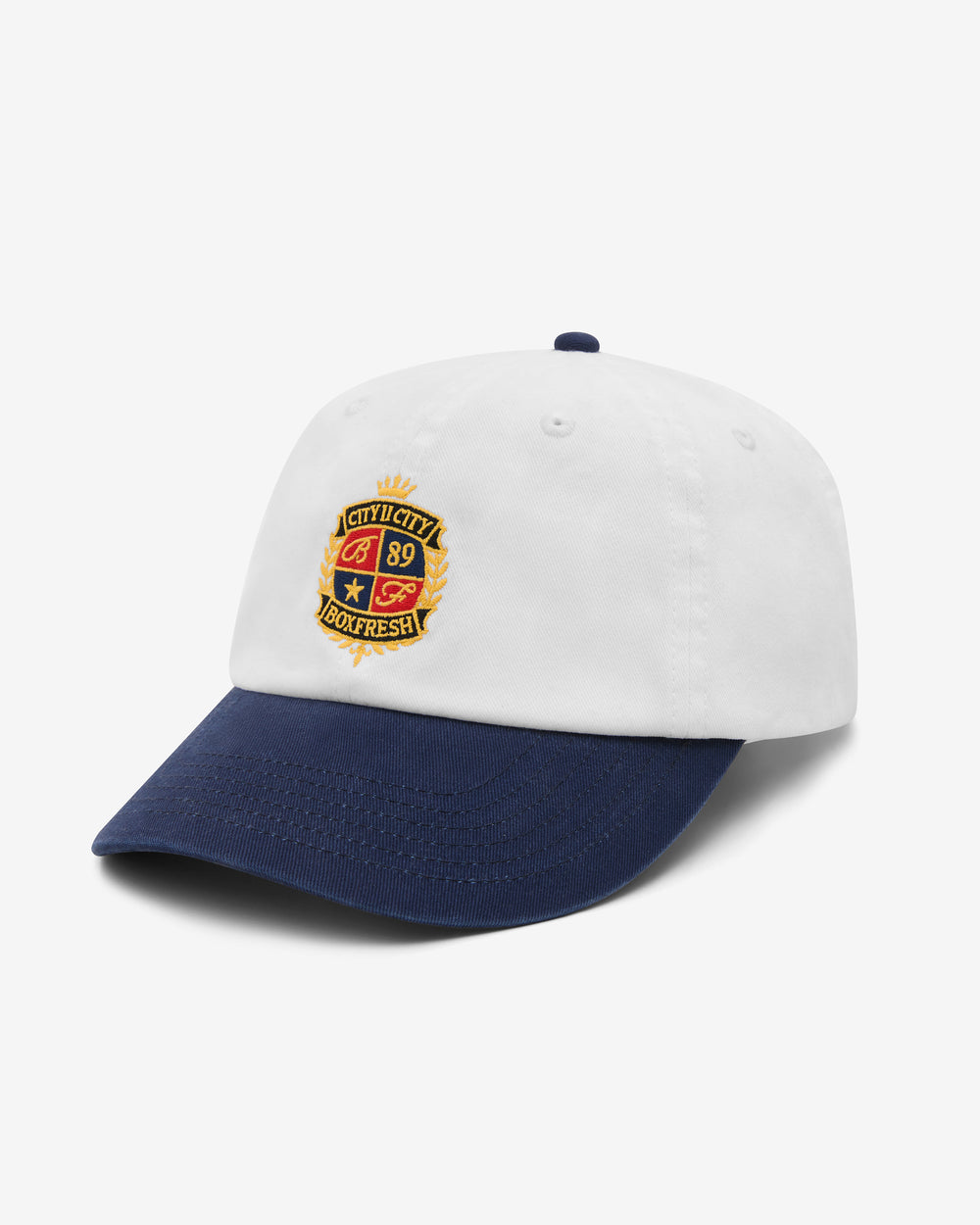 White and navy cap with a logo on a white background