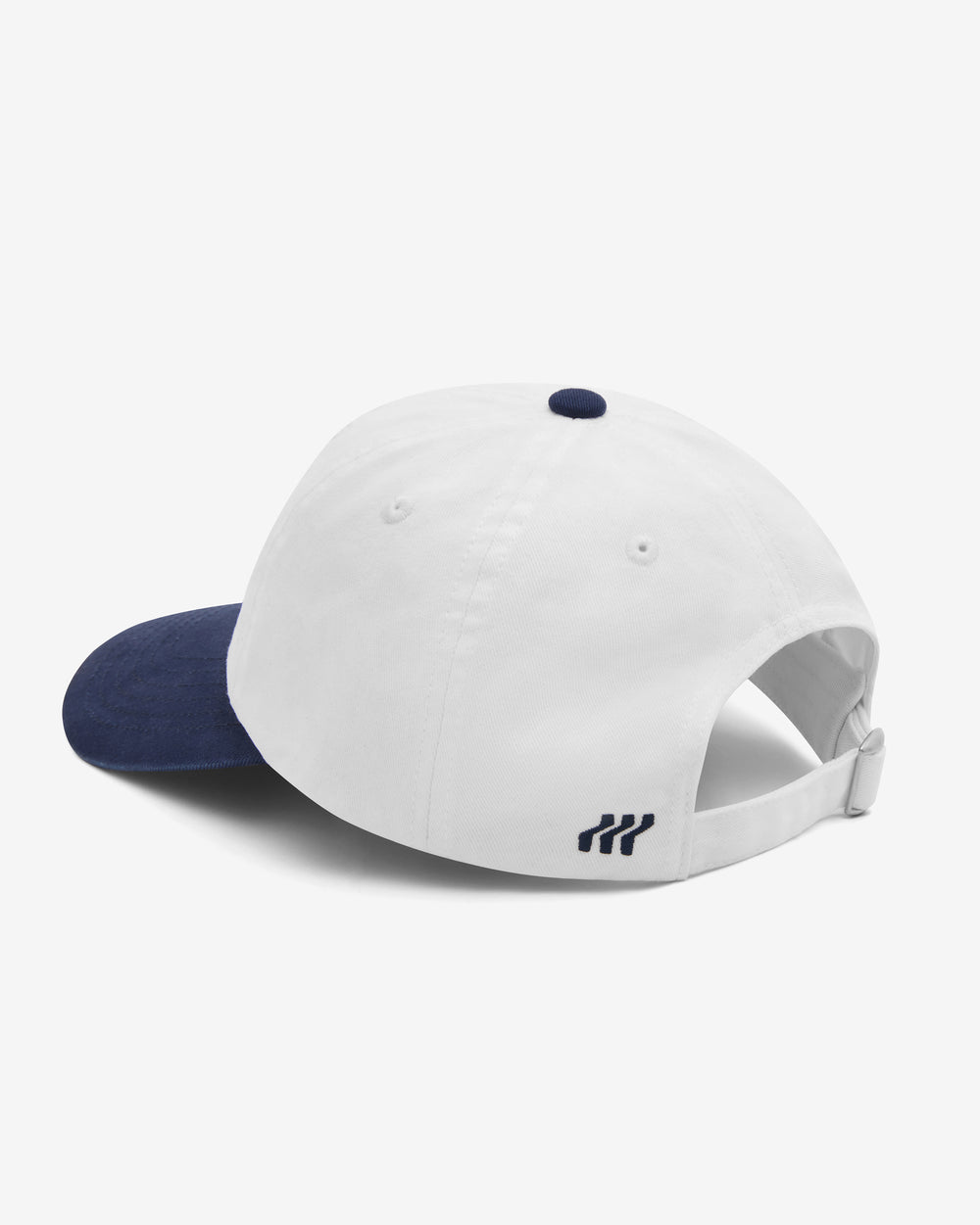 White and navy cap with a logo on a white background